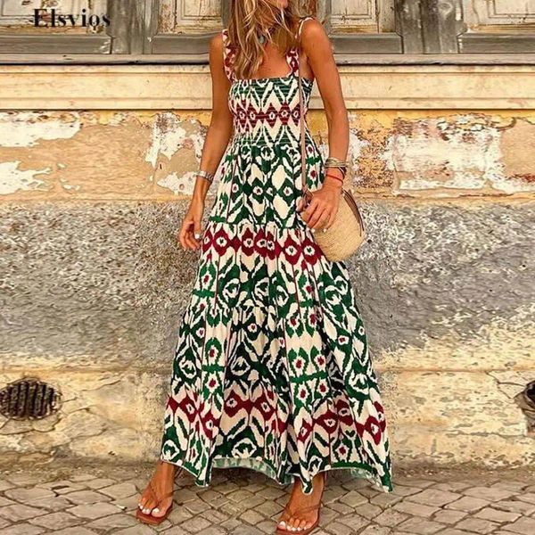 Abiti casual Stampa di motivi vintage abito bohémien 2024 Summer Cold Sphey Shelthers Women Women Elegant High Waist Pleat Long