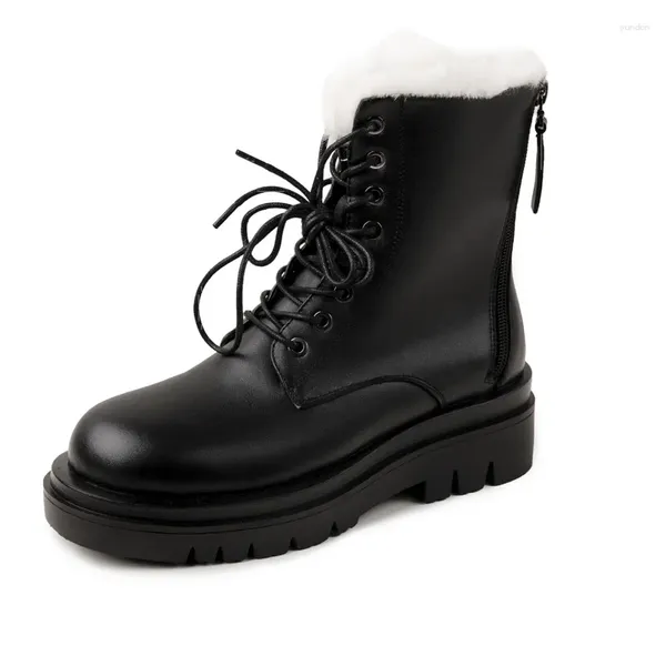 Сапоги Women Split Leather Snow Slinthut Winter Black Browhle White Bult Hel Acle Boot Punk Lady Lase Up Tround Toe Loose