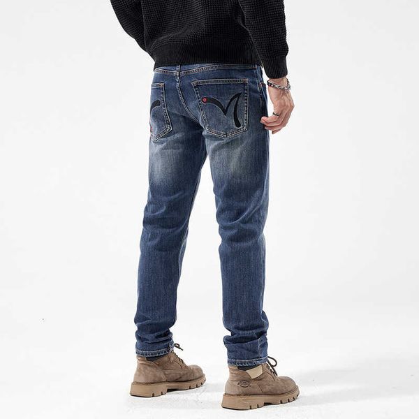 Jeans premium maschile slim fit gamba dritta pantaloni casual di fascia alta pantaloni blu lavati per gatti in cotone