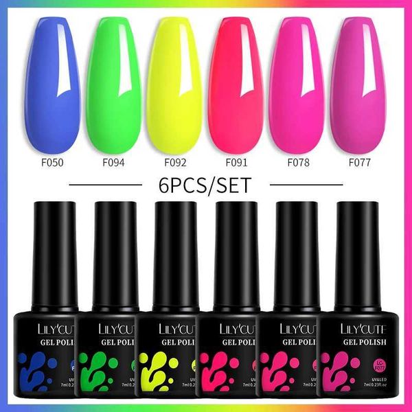 Nagellacklilycute 6pcs/Set Neongel Nagellack Set Kit Fluoreszenz UV LED NAGE ART Gel Vernis Semi Permanent Basis Decklack Lack Y240425