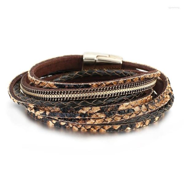 Bracelets de charme Amorcome moda de moda dupla embrulhada longa pulseira de couro fivela de ímã de estampa de leopardo para jóias de presente para mulheres