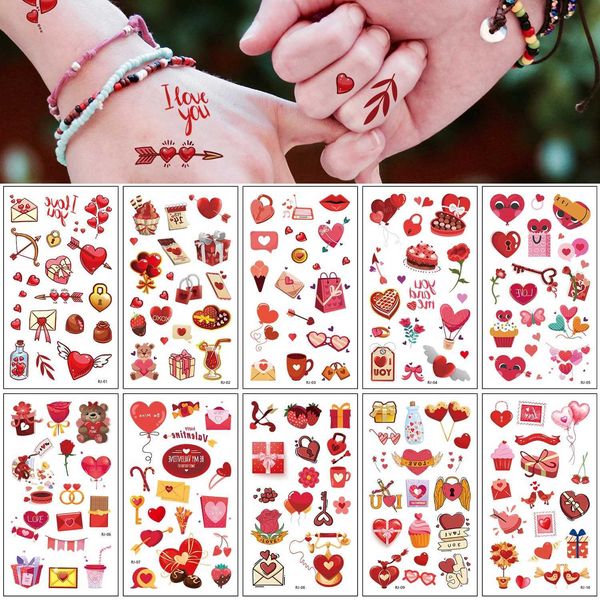 Tatuaggio Transfer 10 fogli di San Valentino Serie di San Valentino Lettera Love Heart Cake Modello Regalo TATOO TEMPORARI 240426