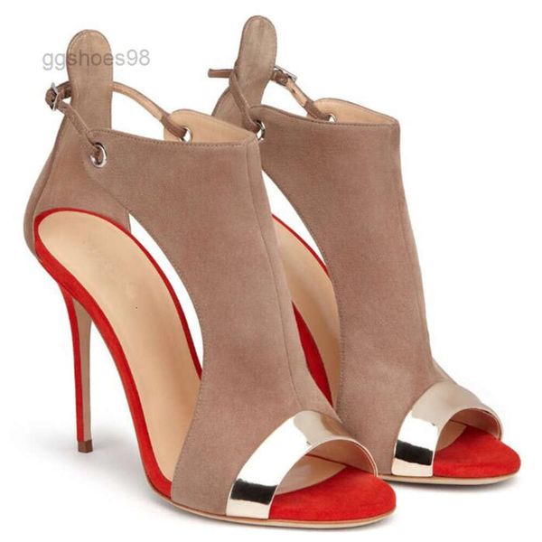 Novo design Plus Size Salto Moda Moda Peep Toe Suede Curra Fino Sandálias Gladiadoras Corte de retalhos de retalhos finos sandálias formais de vestido formal sapatos