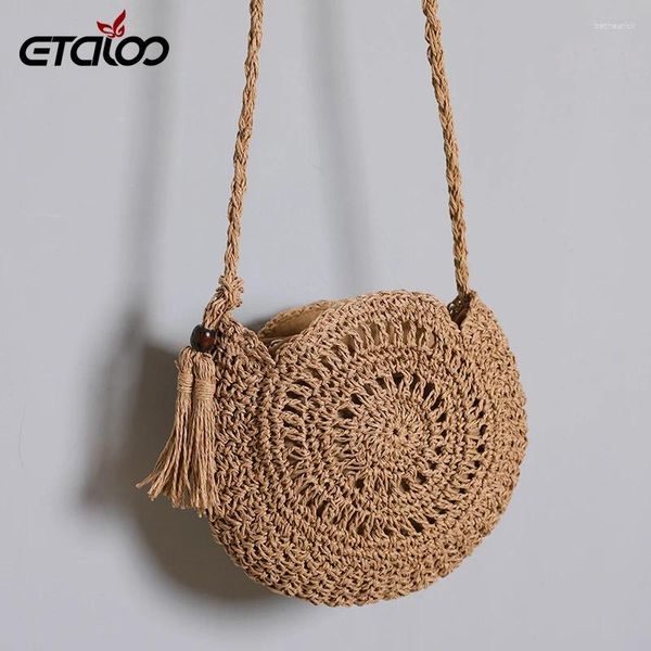 Umhängetaschen rund Quasten Stroh Crossbody Bag Frauen Sommer Rattan Handtaschen handgefertigt gewebten Strandkreis Böhmen Reisen TOTE2024