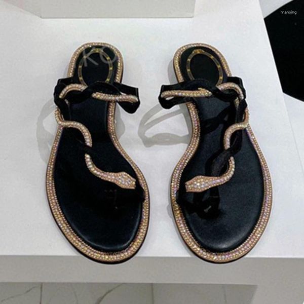 Slippers Brand Sexy Gold Silver Shiny Snake Crystal Thin Brap Flip Flops Real Leather Women Flat Commory Trod