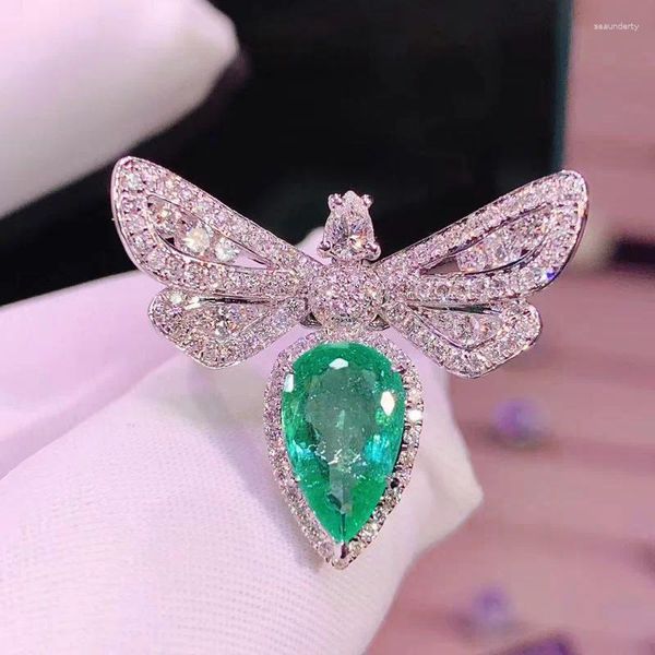 Clusterringe Temperament Schmetterling Smaragd -Farbring Big Bling Zirkon Libelle mit 925 Stempel Hochzeit Engagement Mode Schmuck