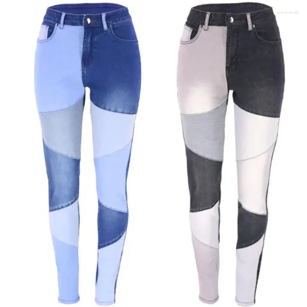 Frauen Jeans Mode Frauen spleißen schlanke, lässige, enge, hohe Taille -Jeanshosen für weibliche Vintage Patchwork Skinny Hosen Streetwear