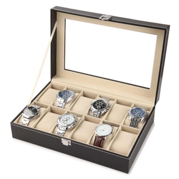 Koffer neuer PU Leder Uhrenschachtel Schwarz Männer Watch Storage Box Hülle mit Fenster Schmuck Frauen Geschenkkoffer Mode Display Schmuckschatulle