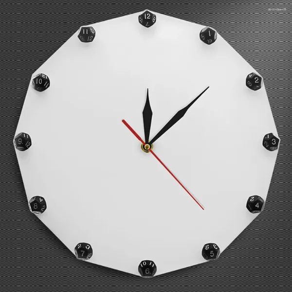 Wanduhren schwarze undurchsichtige 12-seitige Würfel Runde Uhr Acryl Wohnzimmer Dekor D12 Spiel Uhr Uhr Uhr