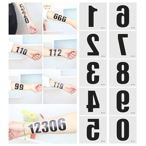 Tattoo Transfer 10pcs/Setzen Sie schwarze Zahlen Temporäres Tattoo für Aktivitäten Spiel Make -up Körper Handaufkleber Praktischer Einweg -Tatouage Temporaire 240427