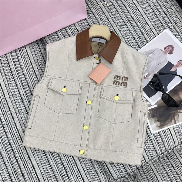 Jaquetas de colete de lapela de couro para mulheres bordados de bordado curto casacos de estilo mangas jaqueta de tanque de moda