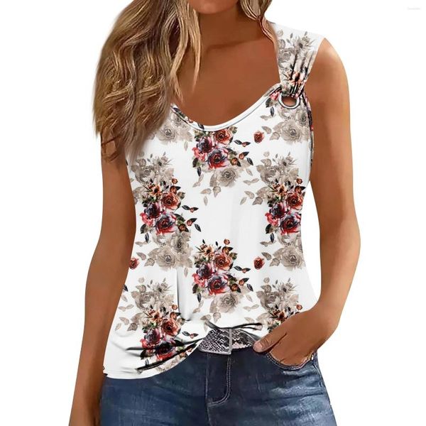 Tanques femininos tanques femininas Tampa vil de pescoço básico Impresso casual Flowy Summer Sleesess lateral profundo tops para mulheres na moda e simples