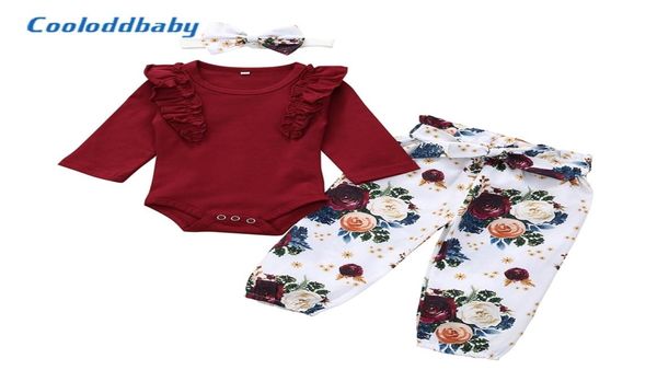 Herbst Neugeborene Baby Girl Kleidung Set Ruffle Tops Langschläfe Strampler Blumenhosen Stirnband -Outfit Neugeborenes Kind Kleidung Y2004269128