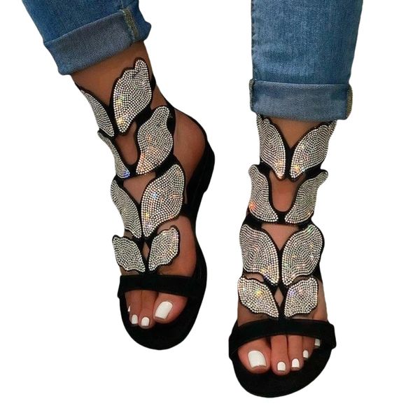 Designer feminino sandálias sapatos moda cristal de pé aberto stromestone salto baixo chinelos de verão de verão cunha de borboletas de borboleta confortável