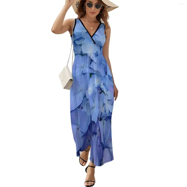 Vestidos casuais vestido de flor azul vintage hidrangea estampa estética boho praia longa mulher elegante maxi presente