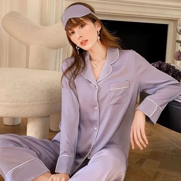 Spring Autumn Ice Sedwear Apreselia Mulheres Lappel Diamond Cardigan Mulheres de duas peças Conjunto de elegância Pijama de mulheres roxas 240415