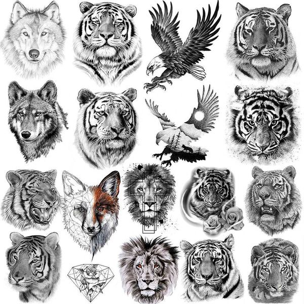 Tatuagem transfere animal tigre tigre tatuagens temporárias para homens raposa lobo águia tatuagem falsa adesiva coruja flor scorpion rei tatoo mulheres braçadeiras corporais 240426