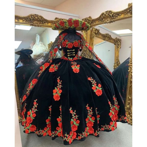 Abiti da ricamo veet Quinceanera avvolgono Charro nero con applique di pizzo floreale rosse tradizionali da ballo da ballo di ballo messicano Vestidos 15 anos