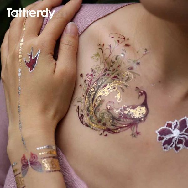 Tattoo Transfer Flash Metallic impermeabile Tattoo temporaneo Colore Gold Donne argento Fashion Fashion Feather Bird Design Adesivo sul corpo YH119 240427