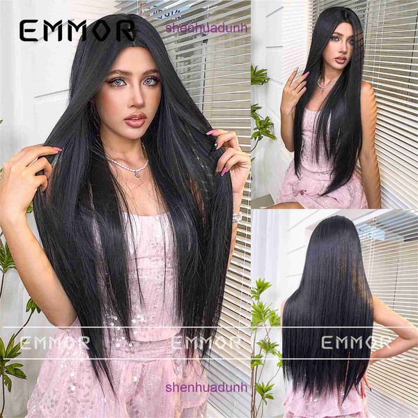 Pure Desire Style Split peruca feminina longa cabelo preto atmosfera reta sem franja gloffiness nutre reduzindo o conjunto de cabeça cheia