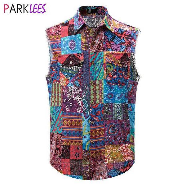 Herren lässige Hemden afrikanischer Druck Doppelpockt ärmellose Hemd Männer Hip Hop Cowboy Button Down Baumwollweste Hemden Herren Hippie Beach Hawaiian Bluse 240424