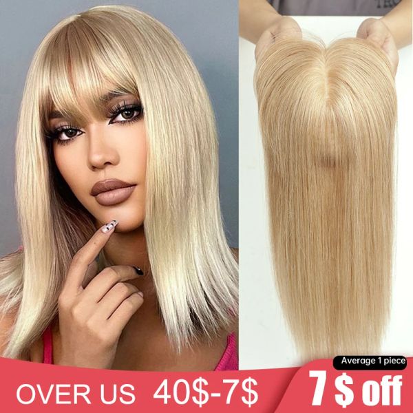 Fecha o cabelo de cabelo humano loiro com franja 100% real Remy Hair Topper Clipe de seda em peças de cabelo para mulheres Afro Rainning Hair Wig