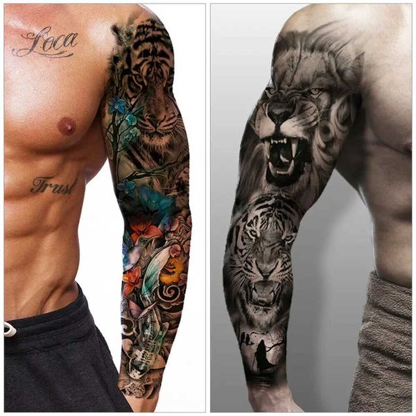 Trasferimento tatuatore impermeabile a braccio pieno full braccio temporaneo adesivo tatuaggio tigre leone lupo occhio per uomo manicotto arte body art flash spalla falsa tatoo 240427