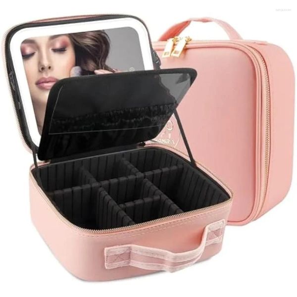 Scatole di stoccaggio Custodia per il trucco da viaggio con grande specchio illuminato BASSE COSMETICO PROFESSITÀ Organizzatore Professional Pop rosa portatile