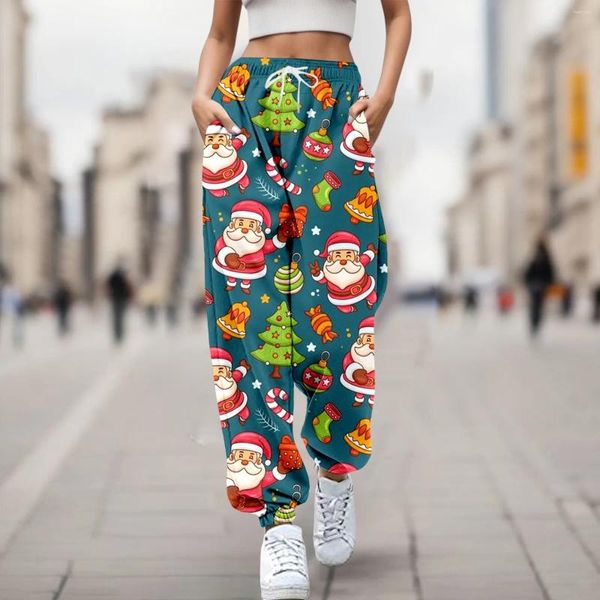 Женские брюки Рождество Женщины модные бегущие бегуны с Santa Claus 3D Print Wide Log Pant High-waist Straight Leg Собственные брюки спортивные спортивные брюки спортивны