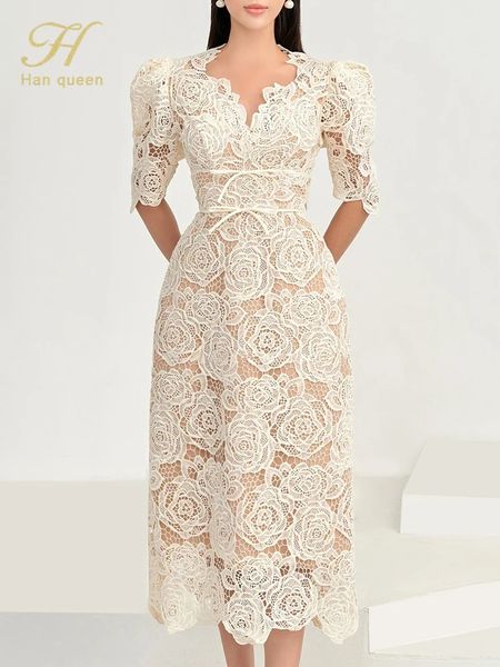 Han Queen Queen Summer Dresses Korean retrò ad alta vita Vestidos Elegante moda Slim midi out Out Office Feste Casual Lace Abito in pizzo 240424 240424