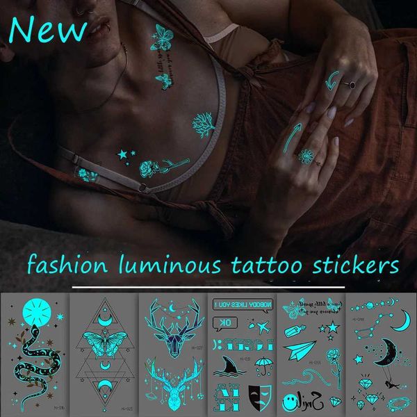 Tattoo Transfer 1PC Sexy Lippen Blatt Schwarz Tattoo Niedlichen Cartoon Luminous Star Tattoo Aufkleber Liebe Frauen Körper Finger Kunst wasserdicht 240427