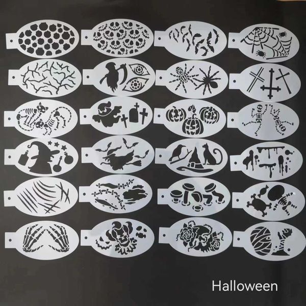 Tatuagem Transferência de 24pcs estênceis para pintura corporal Face Art Halloween Birthday Party DIY maquiagem Tatuagem temporária de estêncils reutilizáveis ​​Plastics 240427