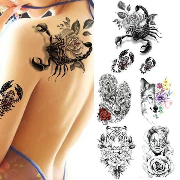 Tattoo Transfer Schlange Blume Skorpion Rose Fuchs Wolf wasserdichte temporäre Tattoo Aufkleber Tiger Frauen Tiere Blitz Körperkunst falsche Ärmel 240426