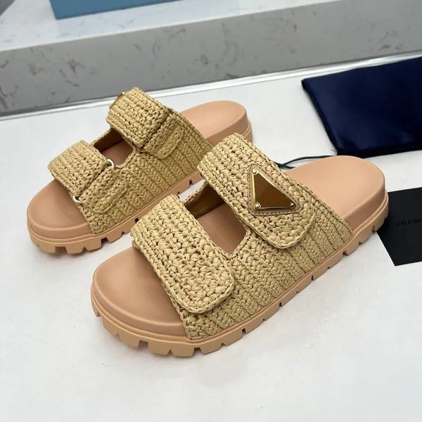 Designer Salpistas de palha de palha sandálias de crochê, mulher de verão folhas de moda de moda de praia Praia plana plataforma plana gladiador sapato de pescador de couro genuíno, 35-41