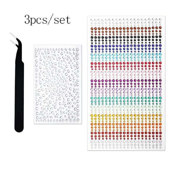 Tattoo Transfer 3pcs Selbstklebender Strass-Perlen-Make-up-Gesicht Edelsteine Augen Regenbogengesicht Schmuck Sticky Pearl Stickers Haarperl Nagel Make-up DIY 240427