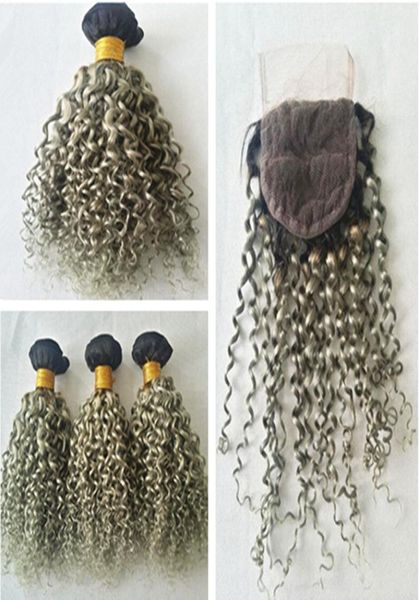 Two tono 1bGray Capelli umani ombre radice scura con 4pc di chiusura raggruppati di capelli ricci di ombre grigio con chiusura in pizzo1260227