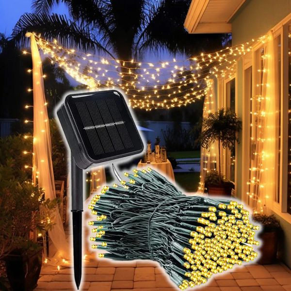 Dekorationen Solar Powered Garland Fairy String Lights 100/200 LEDs 8 Modus Outdoor Gartenlampe für Weihnachten Hochzeitsfeier Feston Dekoration