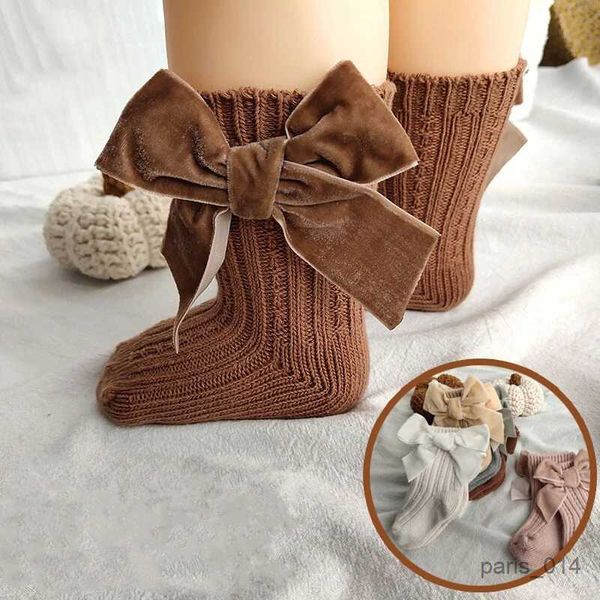 Meias infantis infantis meias infantis de inverno garotas de malha grossa tornozelo de tornozelo laços grandes algodão quente meias de crianças de bota 0-5 anos