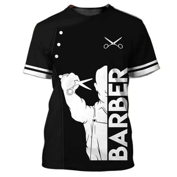 Camisetas masculinas barbeiro masculino de camisa de corte de cabelo impressão de verão masculino slve moda top o pescoço de vestes de tamanho grande camisa t240425