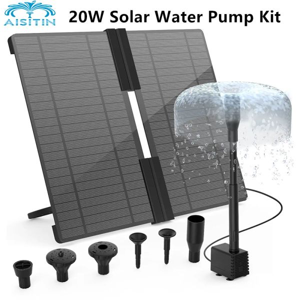 Pumpen Aisitin 20W Solarwasserpumpe Kit, Solarantriebswasserbrunnenpumpe mit 6 Düsen, Wasser im Freien im Freien für Vogelbad