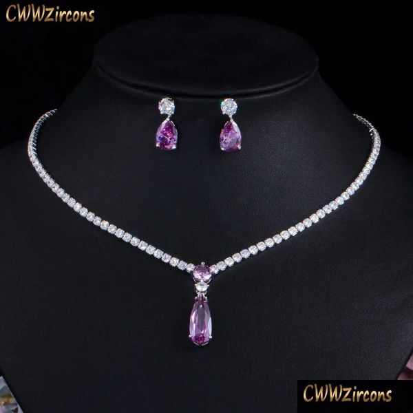 Свадебные украшения наборы Cwwzircons Top Red Purple Cubic Circonia Water Drop Fashion Fashion Women Warte Party для подружки невесты T525 DH4RF