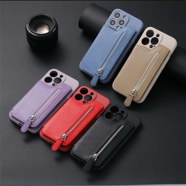 Capa de telefone de veludo de silicone com suporte para cartão e carteira com zíper para iPhone 15