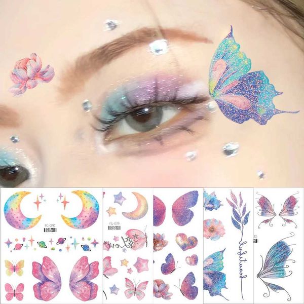 Tatuagem Transferência de tatuagem 3d Glitter Butterfly Wings Adesivos de tatuagem Os olhos impermeabilizados temporários Facar Body Art Lua Lua Fake Tattoos Festival Festival Maquiagem 240426