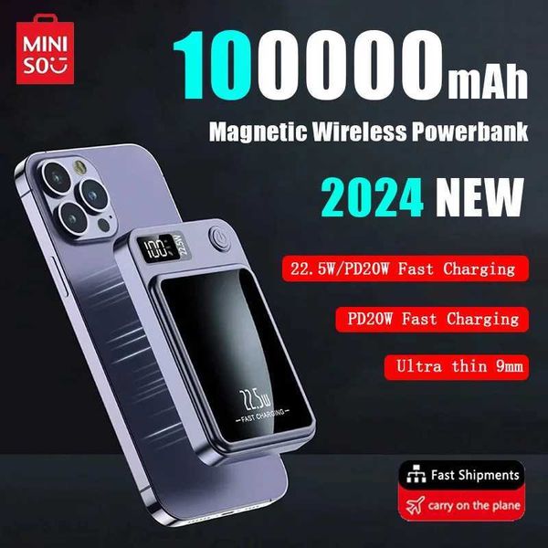 Power Banks мобильный телефон Miniso 2024 Новое 100000 мАч беспроводной магнитный магнитный Qi Portable Power Pack C-тип Mini Fast Charger, подходящее для iPhone Samsung MacSafe 240424