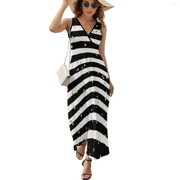 Lässige Kleider abstrakt gestreiftes Polka Punktkleid Frühlingsschwarz -Weiß Streetstyle Boho Beach Langfrau Frau Ärmellose Party Maxi