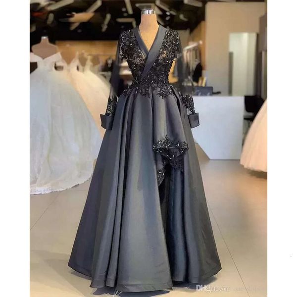 Aplique de renda cinza escura Um vestido de linha vintage mangas compridas cetim, vestido de noite formal, árabe, vestidos de concurso de festas de tamanho grande