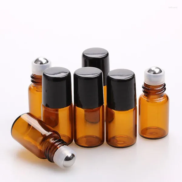 Garrafas de armazenamento 50pcs/lote 1ml 2ml 3ml 5ml Amostra de perfume Vises mini garrafa de vidro de óleo essencial de rolo âmbar com tampa de plástico preto