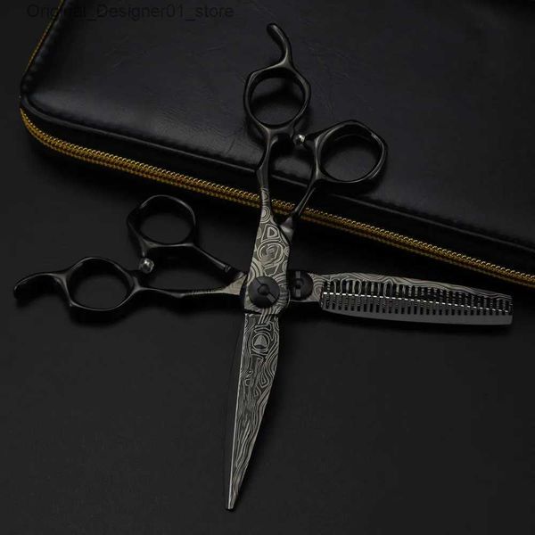 Haarschere professionelle 6-Zoll-Hochskala Black Damaskus Haarclip Barber Q240426