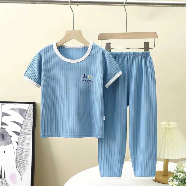 Roupas conjuntos de verão crianças pijamas Conjunto de menina de menina sólida de manga curta e shorts Buttom Suit Criano Boy Cotton 2pcs Roupa de dormir