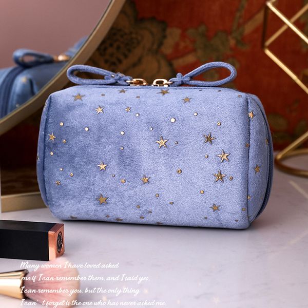 Velvet Stary Sky Cosmetic Bag, bolsa de embreagem de veludo portátil, bolsa de batom de telefone celular com zíper duplo, estilo de luxo leve